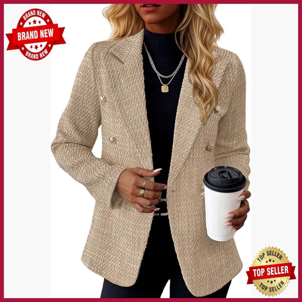 Women's Tweed Blazer Jacket Double-Breasted Slim Fit Fully Lined Work Office